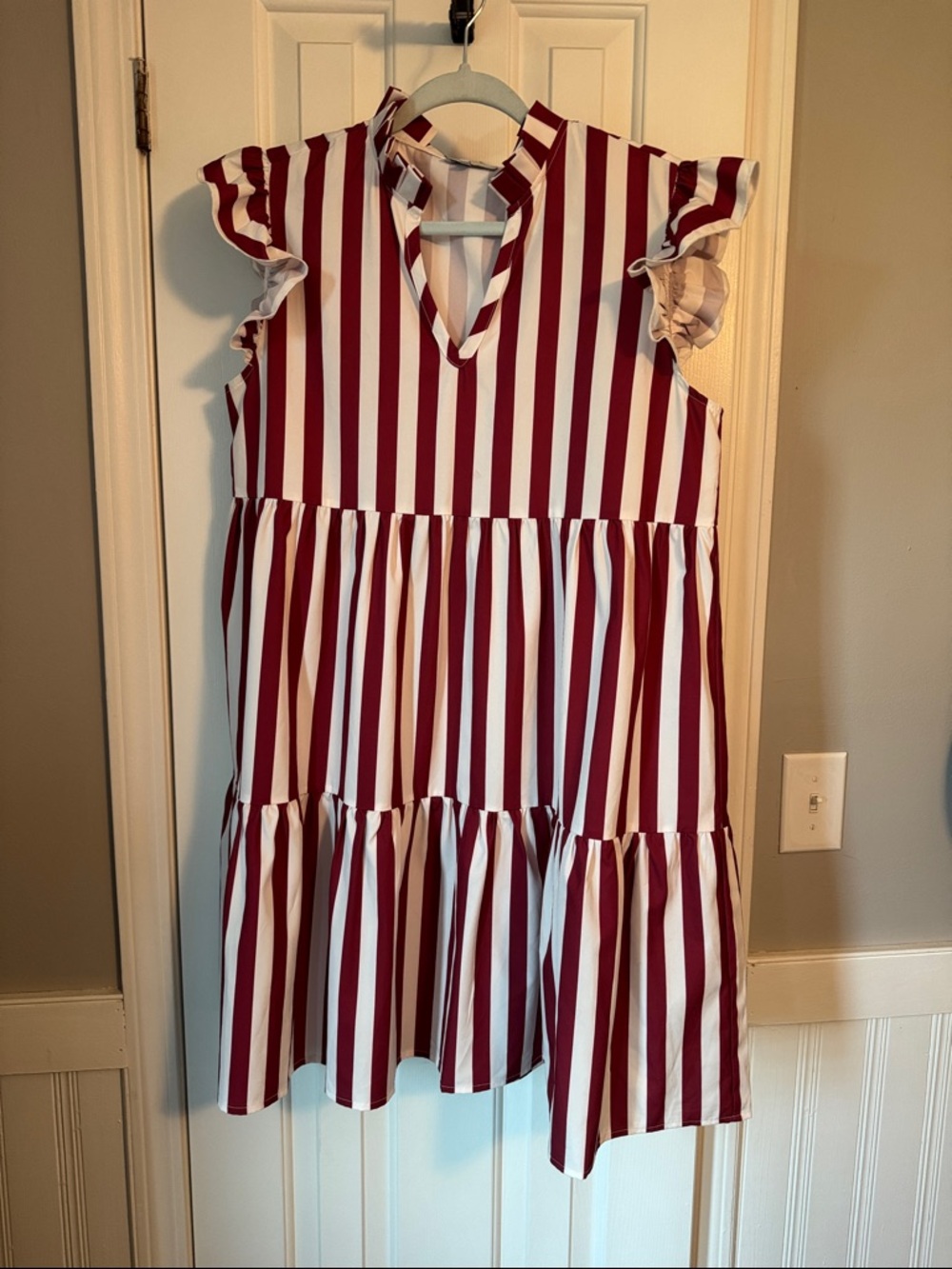 Striped Red & White Ruffle Sleeve Midi Dress